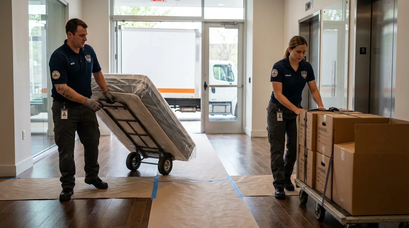 Professional apartment movers loading elevator in Nedrow, NY