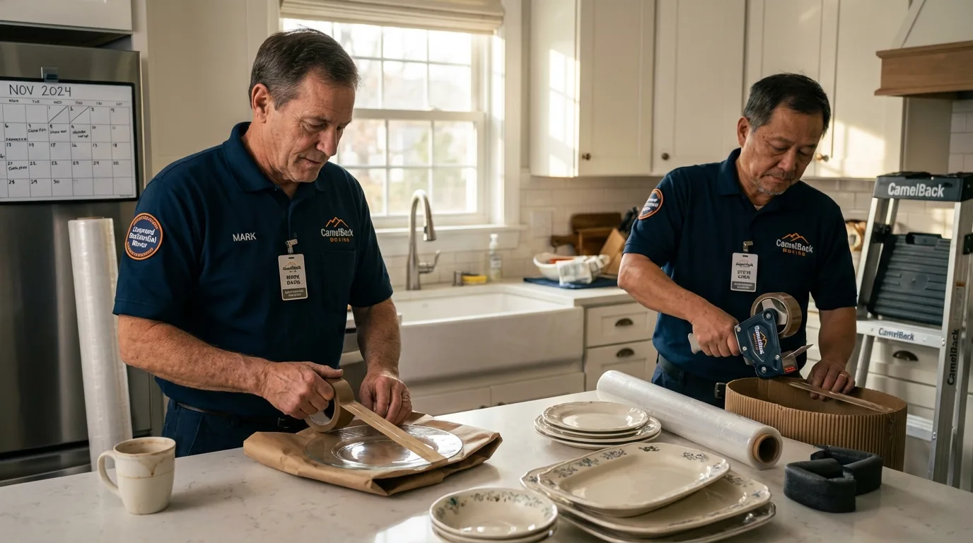 Professional crew packing kitchen dishware in Nedrow, NY